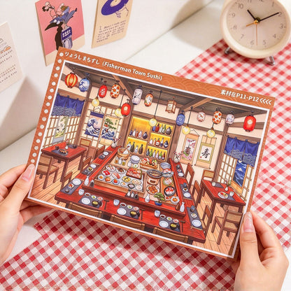 Chestnut-kun Japanese-Style Scenery Sticker Collection Book Showa Machiya - XL - JoyJollyCrafts
