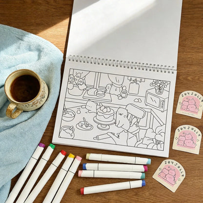 Cat-themed coloring book with adorable kitchen scene, markers, cozy mug, and stickers