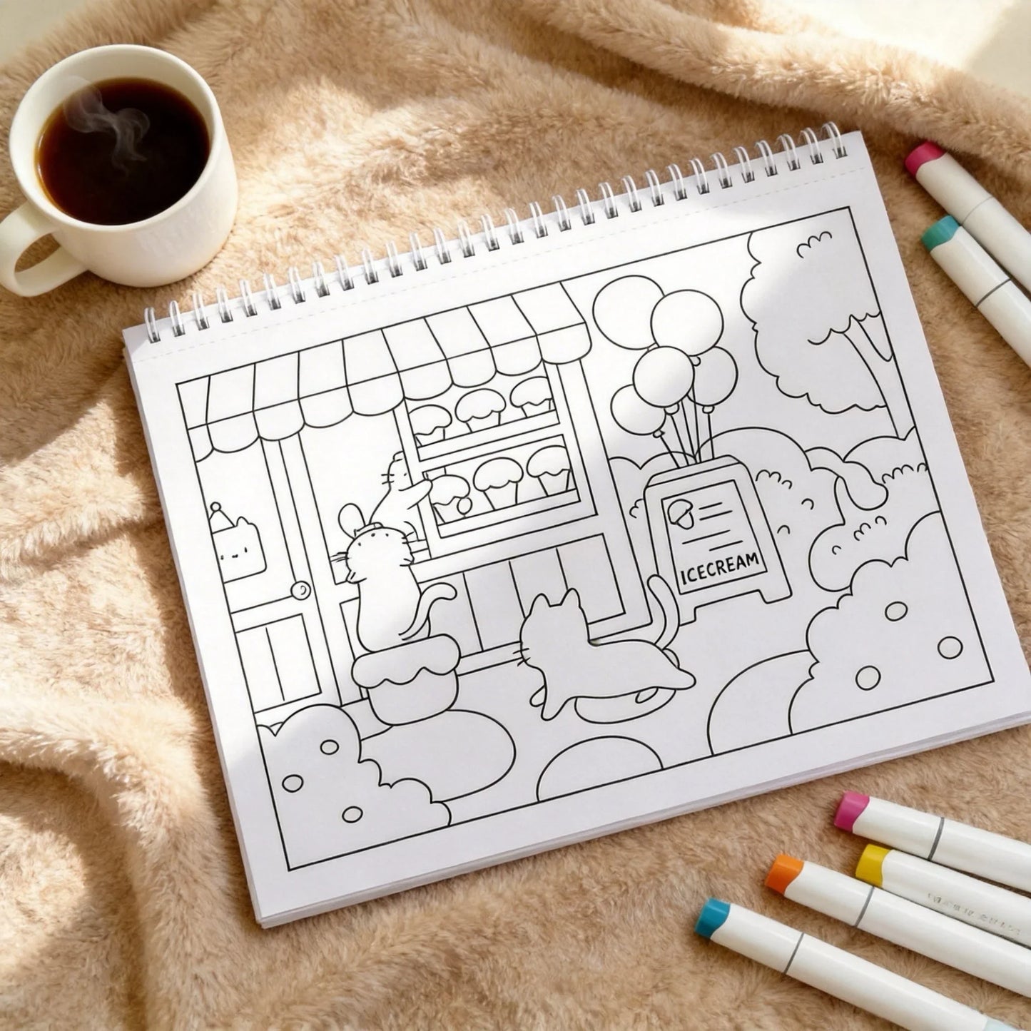 Cute cat coloring book page with ice cream shop, balloons, and cozy setting, ideal for journaling.