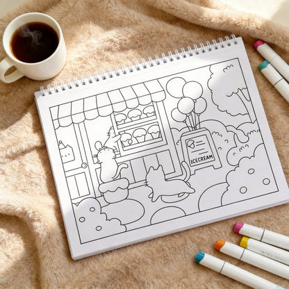 Cute cat coloring book page with ice cream shop, balloons, and cozy setting, ideal for journaling.