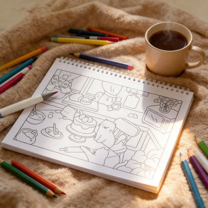 Cute cat-themed coloring book page with colored pencils and a cup of coffee on a cozy blanket