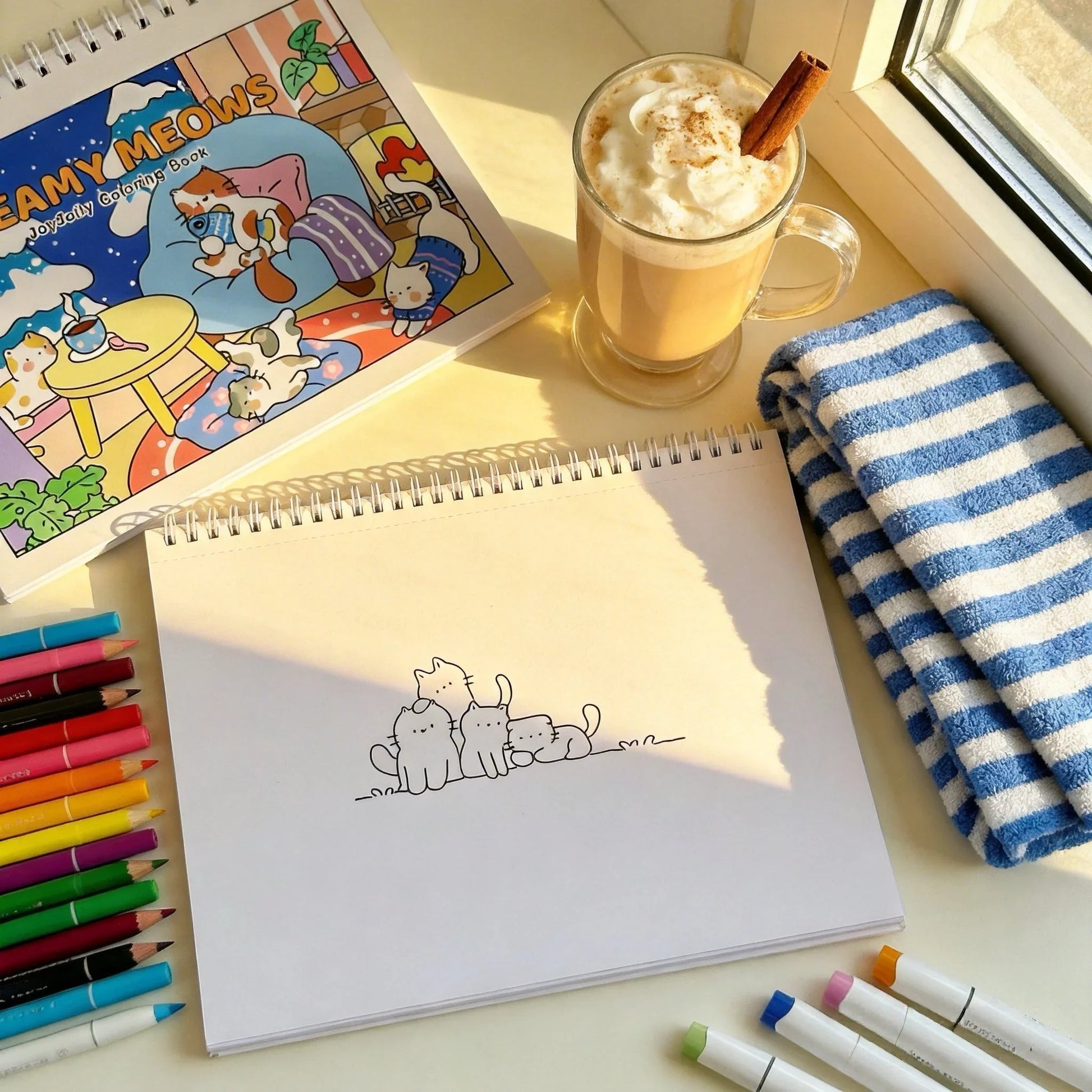 Cute cat coloring book, sketch pad with cat doodle, colored pens, and cozy latte on desk