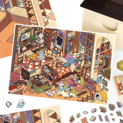 Colorful cozy room scene sticker for journaling, with books, bed, shelves, and cute decor.