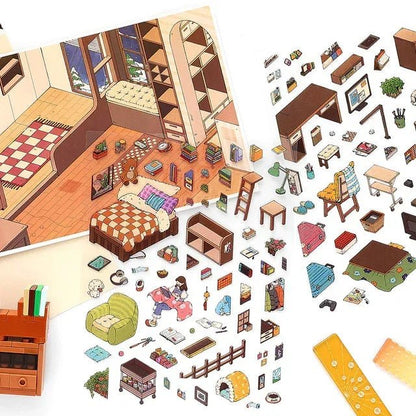 Cozy room scene planner stickers featuring mini furniture, decor, and bedroom elements