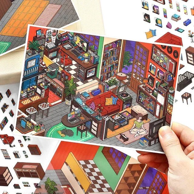 Colorful cozy room scene sticker sheet with bookshelves, plants, sofa, and home decor for journaling
