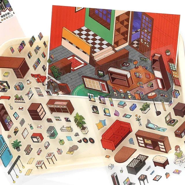 Miniature cozy room scene stickers with furniture, books, and decor for journaling use