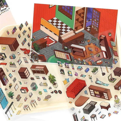 Miniature cozy room scene stickers with furniture, books, and decor for journaling use