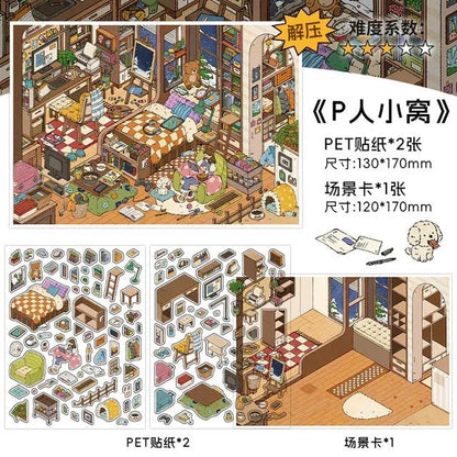 Cozy room scene sticker set with miniature bedroom, furniture, and cute decor for journaling.