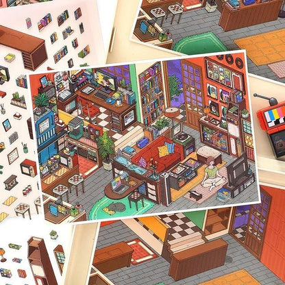 Colorful cozy room scene sticker sheet with bookshelves, plants, sofa, and mini decorations