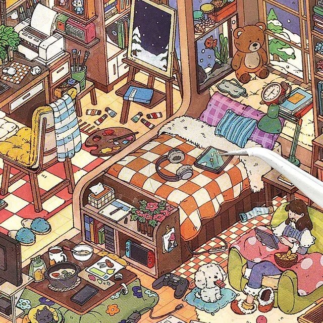 Cute cozy room sticker with girl reading, art supplies, bed, teddy bear, and playful dog