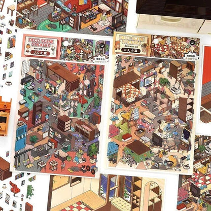 Colorful cozy room and home scene planner stickers for journaling and scrapbooking