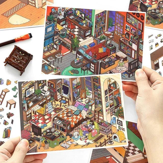 Cozy illustrated room stickers with miniature furniture, bookshelves, plants, and decor for journaling or scrapbooking.