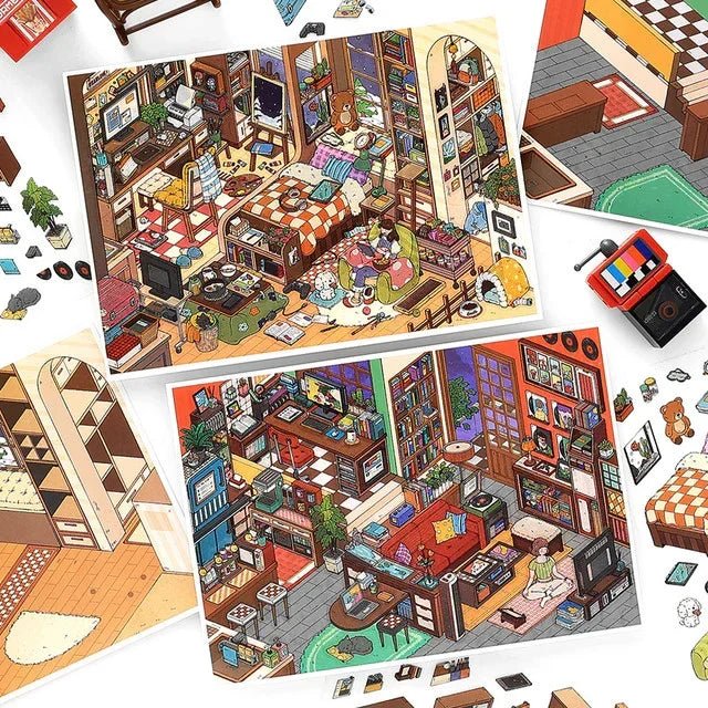 Cozy planner stickers featuring illustrated miniature home and bedroom scenes with decor.