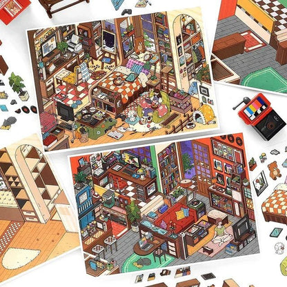 Cozy planner stickers featuring illustrated miniature home and bedroom scenes with decor.