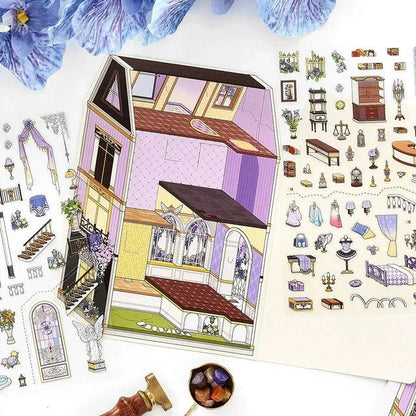 Miniature European manor scene sticker set with purple dollhouse and decorative furniture stickers