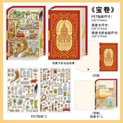 European manor miniature sticker set with book-shaped packaging, decorative rooms, and vintage details.