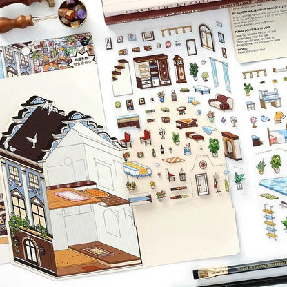 Miniature European manor room scene stickers with furniture, decor, and cozy house design elements.