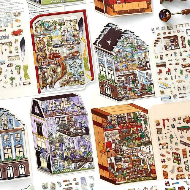 Miniature European manor house scene stickers with cozy room decor and furniture details.