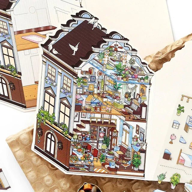 European manor miniature sticker with cozy room, indoor plants, and vintage decor details.