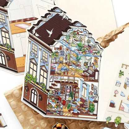 European manor miniature sticker with cozy room, indoor plants, and vintage decor details.