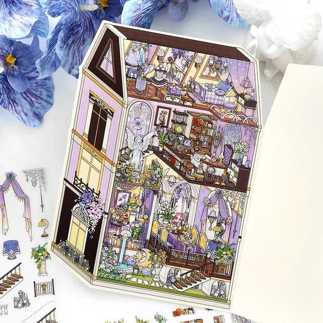 Miniature European manor sticker sheet with detailed cozy rooms, floral decor, and pastel colors