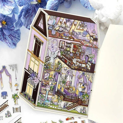 Miniature European manor sticker sheet with detailed cozy rooms, floral decor, and pastel colors