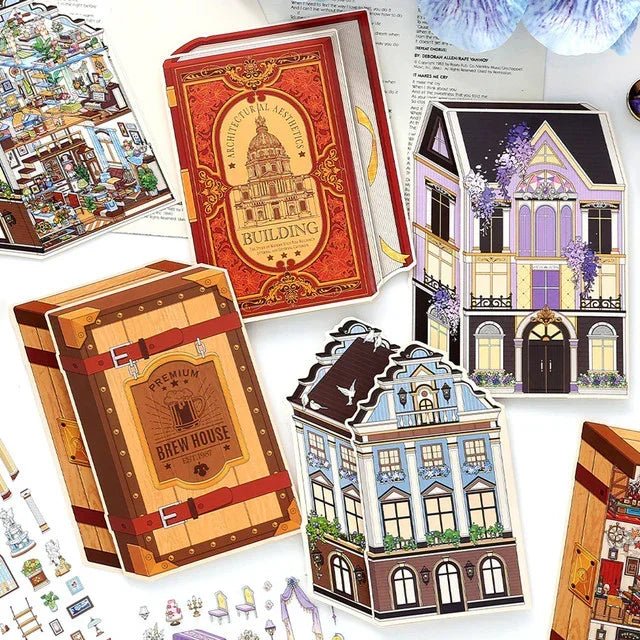 European manor and book-themed miniature stickers for journaling and scrapbooking crafts