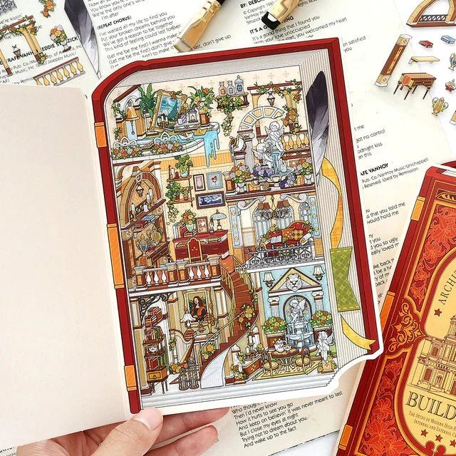 Miniature European manor room sticker with staircase, plants, vintage decor, and cozy details.