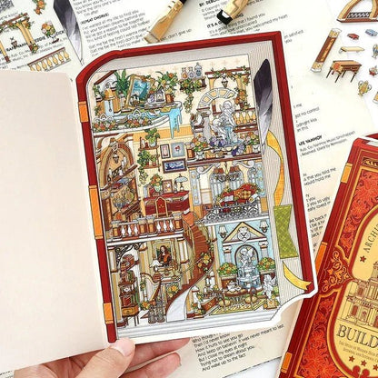 Miniature European manor room sticker with staircase, plants, vintage decor, and cozy details.
