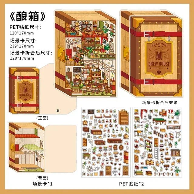Miniature European manor brewing scene stickers and cutouts for journaling and scrapbooking.