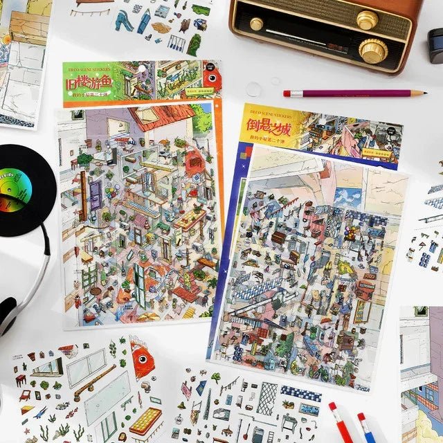 Colorful cozy room scene stickers with miniature furniture, decor, and whimsical city designs