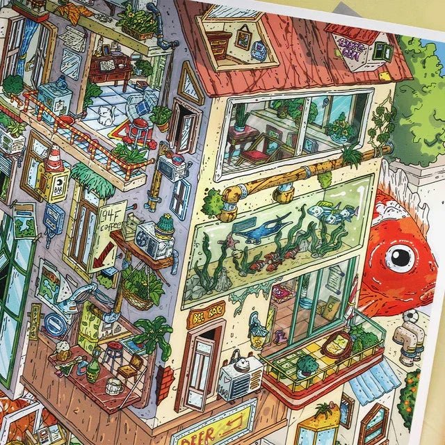 Colorful scene sticker of whimsical house with indoor aquarium, cozy rooms, plants, and giant fish outside.