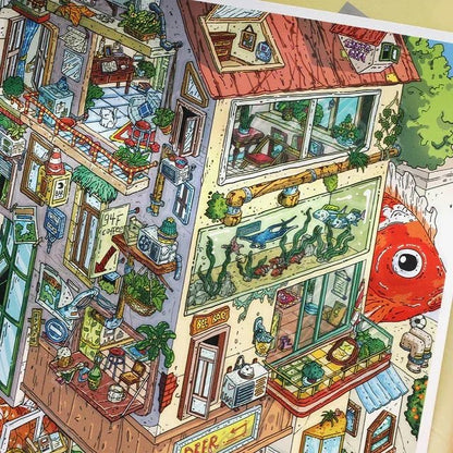Colorful scene sticker of whimsical house with indoor aquarium, cozy rooms, plants, and giant fish outside.