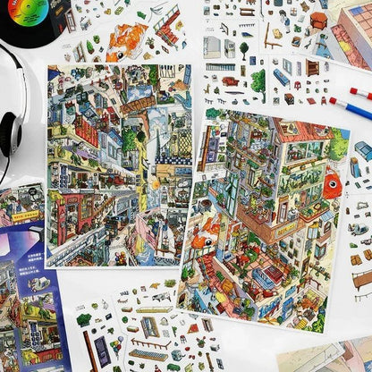 Colorful miniature scene stickers of cozy city buildings and rooms on a creative workspace