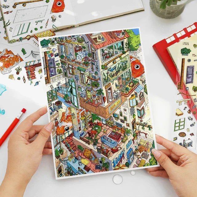 Colorful cozy room sticker sheet featuring whimsical upside-down city, fish, and home decor.