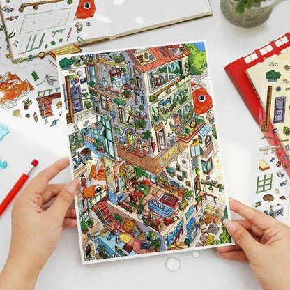 Colorful cozy room sticker sheet featuring whimsical upside-down city, fish, and home decor.