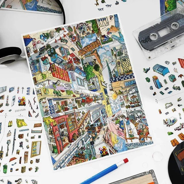 Colorful upside-down city scene sticker sheet with miniature houses and whimsical details.