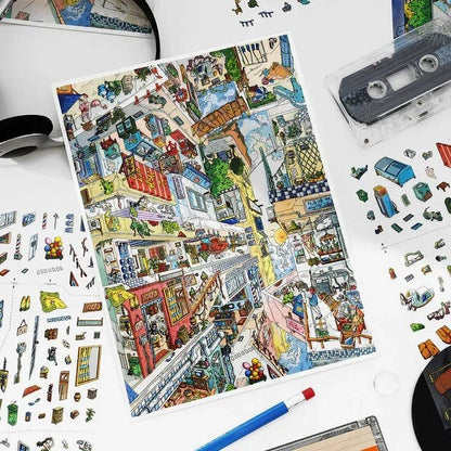 Colorful upside-down city scene sticker sheet with miniature houses and whimsical details.