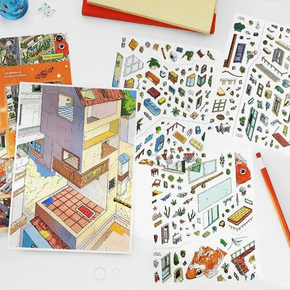 Miniature room scene stickers and decorative fish-themed stickers for journaling and scrapbooking