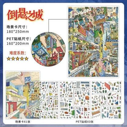 Upside-down city scene sticker set with colorful miniature buildings, rooms, and decor elements.