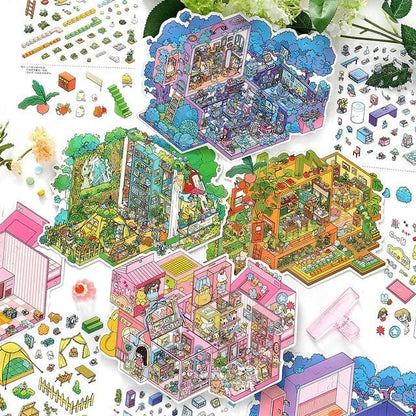 Colorful cozy room and nature scene sticker sheets for journaling, scrapbooking, crafts.