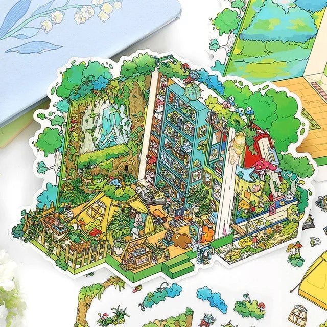 Colorful cozy room sticker with bookshelves, plants, tent, and whimsical decor