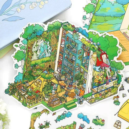 Colorful cozy room sticker with bookshelves, plants, tent, and whimsical decor