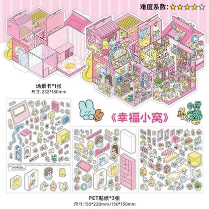Cute pink miniature room sticker set with cozy interiors, furniture, and playful decor elements.