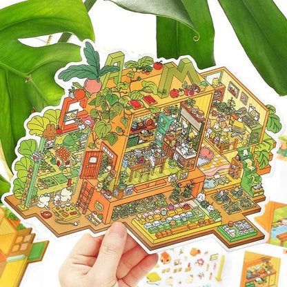 Colorful cozy miniature room scene sticker with plants, kitchen, and cute animal characters
