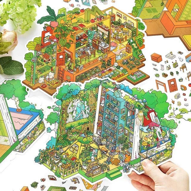Colorful cozy room scene stickers with miniature kitchens, bookshelves, and garden details