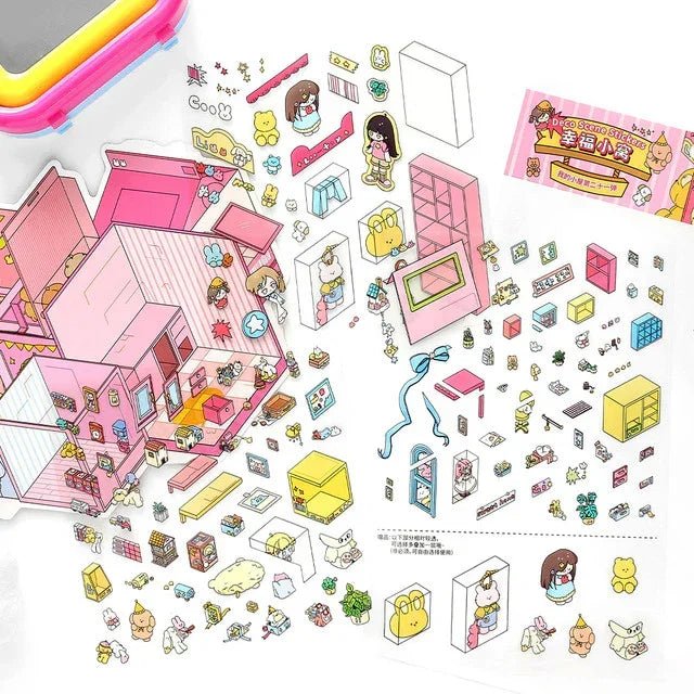 Cozy miniature room scene stickers with cartoon furniture, decor, and cute characters for journaling