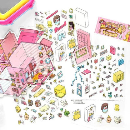 Cozy miniature room scene stickers with cartoon furniture, decor, and cute characters for journaling