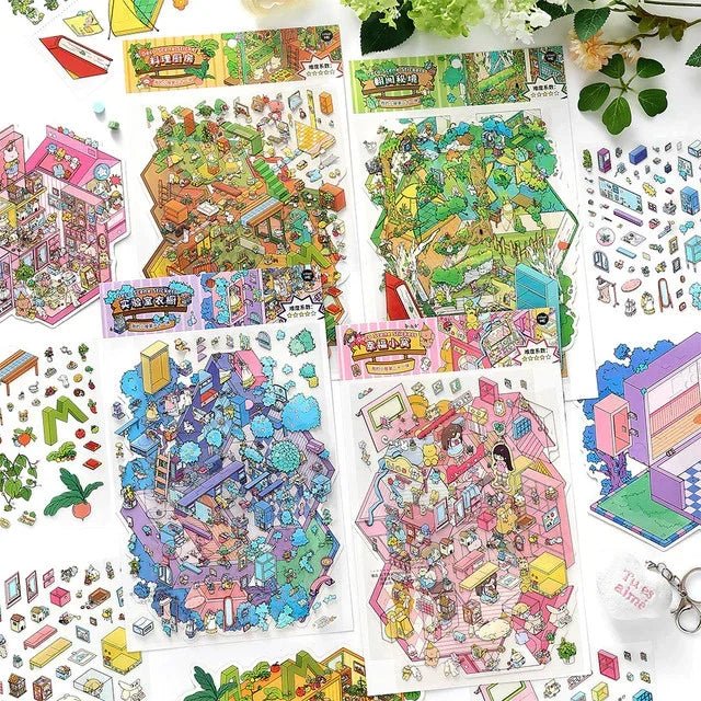 Colorful cozy room and nature scene stickers for journaling, scrapbooking, crafts