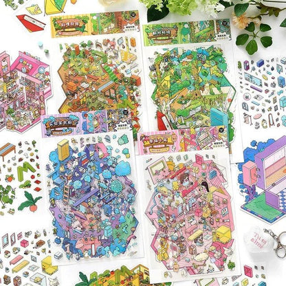 Colorful cozy room and nature scene stickers for journaling, scrapbooking, crafts